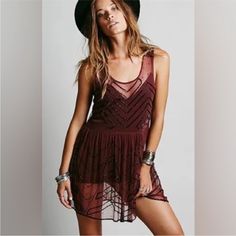 Free People Burgundy Sheer Beaded Mini Dress Burgundy With Black Beaded Detail Can Wear As Dress Or Top Beaded Chevron Pattern Stretchy Mesh Material Made To Wear Over A Slip New With Tags! Size Xs Length: 33.5” Armpit To Armpit:17.5” (Flat Measurement) Bundle To Save $ Bin#9 Boho / Bohemian / Festival / Hippie / Gypsy / Sheer / Top / Dress / Tunic / Girly / Feminine / Flapper / 1920s / Plum / Vintage / Starry Night Slip Dress Layering, Free People Slip Dress, Sheer Slip Dress, Free People Mini Dress, Overlay Dress, Grunge Goth, Prom Party, Sheer Dress, Beaded Dress