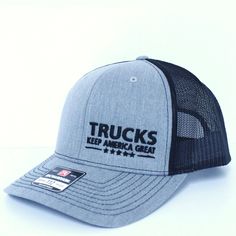 Trucks Keep America Great Hats Richardson Snapback Trucker Hats in Pink, Black, Gray: 'Trucks Keep America Great' for true truck lovers. Richardson 112 Snapback trucker hat Mesh backing high quality embroidered Size- Snapback adjustable size Colors- Pink, Gray, and Black Gray Trucker Baseball Cap With Curved Bill, Trucker Baseball Cap With Curved Brim, Gray Trucker Cap With Curved Bill, Trucker Style Snapback Baseball Cap, Gray Trucker Snapback Hat With Curved Bill, Trucker Snapback Hat With Flat Bill, Gray Adjustable Trucker Hat With Curved Bill, Adjustable Gray Trucker Hat With Curved Bill, Trucker Snapback Hat With Letter Print