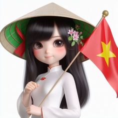 a doll holding a vietnamese flag and wearing a hat with flowers on it's head