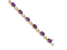 14K Two-tone Gold with rhodium over 14k yellow gold 9 cttw amethyst and diamond bracelet. Measures approximately 3/16 of an inch in width and has a box catch closure. Formal Purple Fine Jewelry Bracelet, Purple Oval Jewelry With Diamond Accents, Purple Fine Jewelry Bracelet, Classic Purple Bracelet Jewelry, Gold Amethyst Jewelry With Diamond Accents, Formal Purple Jewelry With Diamond Accents, A Box, Diamond Bracelet, Two Tone