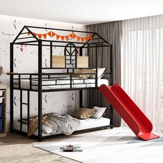 a bunk bed with a slide in front of it