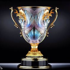 an ornate glass vase with gold trimmings sits on a black surface in front of a dark background