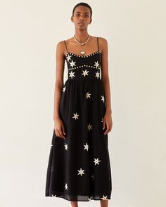 Autumn Western Star Dress Dress With Stars On It, Short Embroidered Dress, Black Dress With Embroidery, Autumn Dress, Whimsical Fashion, Star Dress, Native American Fashion, Gathered Skirt, Fancy Pants