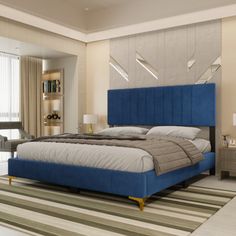 a bedroom with a bed, nightstands and two lamps on either side of the bed