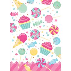 an image of candy and lollipops pattern on a white background with pink stripes