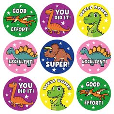 six dinosaur stickers with the words, you did it and super dinos on them