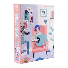 the puzzle box contains an image of a woman sitting on a pink chair and holding a book