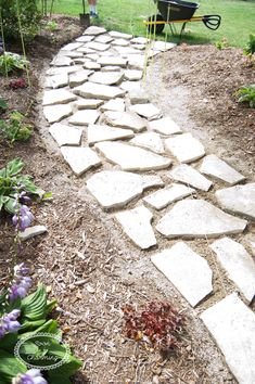 a stone path in the middle of a garden