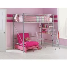 a pink bunk bed sitting next to a white door in a child's room