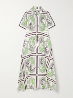 Tory Burch's dress is defined by the bold 'Zebra Scarf' print, designed with colorful intertwined heads and tile-like checks. It's cut from breezy cotton-voile in a relaxed, shirt-inspired shape and threaded with tasseled drawstrings to define the waist. Tory Burch Outfits, Zebra Scarf, Green Cotton Dress, Checked Shirt Dress, Co Ords Outfits, Ladies Day Dresses, Green Shirt Dress, Tory Burch Dress, Zebra Dress