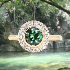 1.29ct Round Untreated Songean Green Sapphire Bezel Set Diamond Halo Ring in 14k Yellow Gold Rosecut Diamond Ring, Diamond Halo Ring, Halo Setting, Bezel Set Diamond, Custom Ring Designs, Antique Inspiration, Matte Satin, Jewelry Ring Box, Green Sapphire