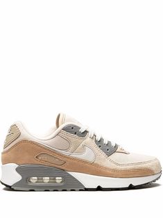 Beige/grey suede Air Max 90 low-top sneakers from NIKE featuring signature Swoosh logo detail, contrasting panel detail, round toe, front lace-up fastening, logo patch at the tongue, branded insole and rubber sole with Max Air cushioning. These styles are supplied by a premium sneaker marketplace. Stocking only the most sought-after footwear, they source and curate some of the most hard to find sneakers from around the world.. Nike Footwear, Nike Tennis Shoes, Street Shoes, Cute Nikes, Swag Shoes, Swoosh Logo, Grey Suede, Nike Air Max 90, Shoe Game