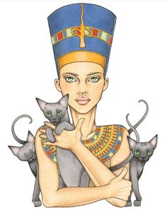 an egyptian woman holding three cats in her arms and wearing a blue hat with gold trim