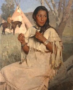 an oil painting of a native american woman holding something in her right hand and standing next to a teepee