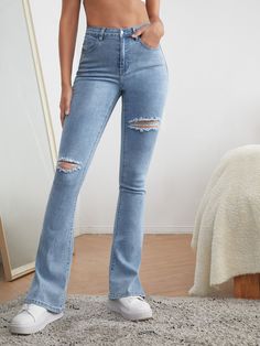 Ripped Flare Leg Jeans with High WaistLong, Flare LegSplit, Ripped, Button, Pocket, ZipperHigh Waist, Skinny, Zipper Fly, Denim85% Cotton, 13% Polyester, 2% Spandex, Medium StretchMachine wash, do not dry cleanShips in 4-6 daysJoin our mailing list for a 20% off your first order, sign up on the main page Jeans Online Store, Plain Jeans, Beachwear Fashion, Cold Shoulder Sweater, Flare Leg Jeans, Jeans Online, Split Hem, High Jeans, Ripped Jeans