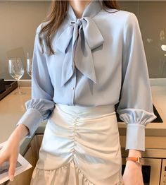 Women's Blouse Vintage Work Casual Top on Storenvy Casual Chiffon Blouse, Mode Tips, Graduation Party Dresses, Blouse Back Neck Designs, Diy Vetement, Women Business, Bow Blouse, Business Shirts, Dress Gift