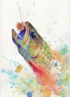 a painting of a fish with watercolor splatters on it's body