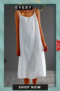 Women's Cotton Linen Solid Color Sling Dress Casual A-line Suspender Dress For Summer, Spring Beach Slip Dress With Sling Shape, Spring Beach Slip Dress In Sling Shape, Spring Beach Sling Slip Dress, Casual Solid Maxi Dress With Adjustable Straps, White Sundress With Suspender Sling, White Sundress With Sling Suspender, White Sundress Suspender Dress With Sling Shape, Casual Solid Sundress With Adjustable Straps