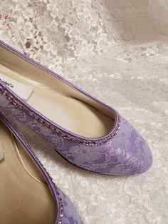 "So elegant Lace over Satin Shoes for the Bride who demands Fine Elegance & Comfort! These are only 1/2\" heels almost flat!   Please buy purple color swatches if, you are matching color to something; computers settings may show different tone of purple; Please use link below: To see actual color, you may buy a color swatch: www.etsy.com/listing/129787069/buy-color-swatch-samples-or-buy-lace Please read statement below THESE SHOES ARE HAND DYED AND EMBELLISH FOR EVERY ORDER THEREFORE, SHOES CAN NOT BE RETURNED OR EXCHANGED; I'll make all the efforts to help you have a pleasant shopping experience; I can send you the inside measurement of your SHOE SIZE BEFORE OR AFTER ORDERING, PLEASE USE INSTRUCTION SHEET TO MEASURE YOUR OWN FEET LENGHT to compare with your size for these particular shoes Elegant Low Heel Wedding Shoes With Lace Trim, Purple Rhinestone Wedding Heels, Formal Wedding Shoes With Lace Trim And Closed Toe, Formal Lace Wedding Shoes With Flat Heel, Formal Lace Wedding Shoes With Almond Toe, Lace Almond Toe Wedding Shoes, Elegant Purple Heels For Wedding, Elegant Purple Wedding Heels, Shoes For The Bride