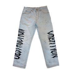 Vintage denim pants are hand painted in acrylics 1/1 Size 30 / men's S / women's M measurements: Waist- 78 cm / 30 inches Hips- 112 cm / 44 inches Inseam - 71 cm / 27 inches Recommended hand wash Straight Leg Cotton Jeans With Graffiti Print, Cotton Straight Leg Jeans With Graffiti Print, Artistic Graphic Print Bottoms For Streetwear, Artistic Streetwear Bottoms For Spring, Hand Painted Denim Jeans For Streetwear, Artistic Streetwear Jeans For Spring, Artistic Jeans For Spring Streetwear, Artistic Straight Leg Denim Jeans, Hand Painted Straight Leg Cotton Jeans