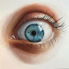 an eye with blue eyes and long eyelashes is shown in this drawing by the artist