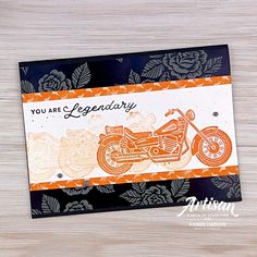 an orange and black motorcycle card with the words you are legenddry written on it