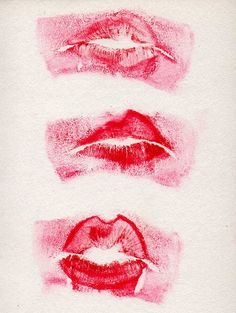 three different lips drawn in red and pink ink on white paper, each with the same lip color