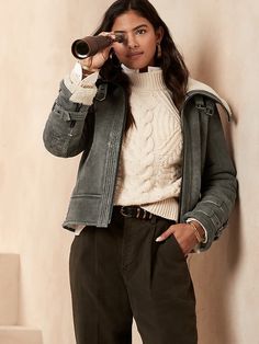 Saw this on Banana Republic: Sheepskin Leather Jacket With Fleece Lining For Fall, Fall Sheepskin Leather Jacket With Fleece Lining, Fall Shearling Leather Jacket For Cold Weather, Chic Shearling Leather Jacket For Winter, Shearling Aviator Jacket, Aviator Jacket, Aviator Jackets, Clothes Horse, The Energy