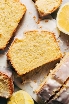 slices of lemon pound cake with icing and sliced lemons