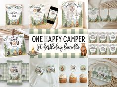 one happy camper 1st birthday bundle includes cupcakes, cards and other items