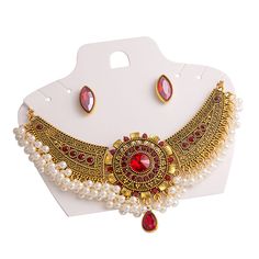 Material: Alloy Fashion Element: Water Ripple Style: Ethnic Style Red Traditional Metal Jewelry Sets, Traditional Red Metal Jewelry Sets, Red Bohemian Kundan Necklace For Festive Season, Festive Red Bohemian Kundan Necklace, Red Bohemian Jewelry Sets For Festive Occasion, Bohemian Red Jewelry Sets For Festive Occasions, Vintage Jewelry Sets, Pearl Necklace Earrings, Bollywood Style