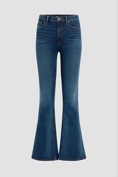 The Holly High-Rise Flare Jean is cut from premium super stretch denim. Features an elevated waistline, classic five-pocket details, and a fitted leg that breaks at the knee. It's our most popular style from Hudson at HAVEN. - Front Rise: 11", Leg Opening: 23.5", Inseam: 34"- Model Height 5'8"- Model wearing size 25- Measurements based on size 27 - Content: 54% Cotton 38% Modal 6% Polyester 2% Lycra Woven Pant - Machine wash cold with like colors- Do not bleach- Tumble dry low or hang to dry Classic High Rise Denim Blue Flare Jeans, Classic Flare Jeans In Denim Blue, High Rise Slim Fit Denim Blue Flare Jeans, Denim Blue High Rise Slim Fit Flare Jeans, Classic High Rise Elastane Bottoms, Classic Fitted Dark Wash Flare Jeans, Classic Flare Medium Wash Jeans, Classic Fitted Denim Blue Flare Jeans, Classic Fitted Denim Flare Jeans