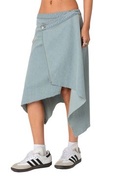 A novel closure creates a swingy silhouette for a midi skirt cut from nonstretch denim and finished with an unfinished edge. One-button closure; back elastic waist 100% cotton Machine wash, dry flat Imported Asymmetrical Cotton Denim Skirt, Spring Denim Blue Asymmetrical Skirt, Asymmetrical Hem Denim Bottoms In Blue, Asymmetrical Hem Denim Skirt In Medium Wash, Asymmetrical Hem Denim Bottoms, Asymmetrical Denim Skirt In Denim Blue, Medium Wash Denim Skirt With Asymmetrical Hem, Asymmetrical Denim Skirt For Summer, Denim Bottoms With Medium Wash And Asymmetrical Hem