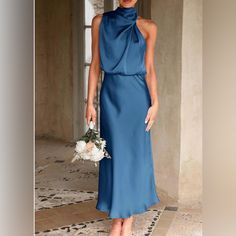 Prettygarden Women's 2024 Summer Satin Dress Elegant Sleeveless Mock Neck Cocktail Party Maxi Dresses 1:Large 1: Xl Blue Sleeveless Dress For Spring Wedding, Blue Sleeveless Wedding Dress For Spring, Elegant Blue Sleeveless Dress For Wedding, Sleeveless Midi Dress For Bridesmaids, Chic Sleeveless Halter Dress For Wedding Guest, Blue Sleeveless Party Dress, Blue Sleeveless Spring Evening Dress, Spring Wedding Guest Sleeveless Dress, Elegant Blue Sleeveless Maxi Dress