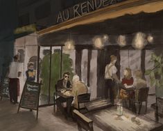 a painting of people sitting at tables in front of a restaurant with lights on the windows