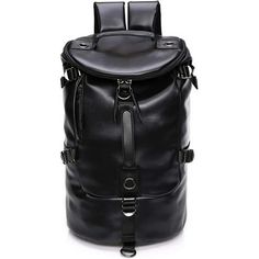 a black leather backpack with straps and buckles on the front, sitting against a white background