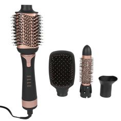 The Elle Premiere Hair Dryer Brush and Volumizer delivers beautiful volume and shine in one simple step. The 360 degree design combines the power and heat of a blower with the shape of a brush. It comes with four interchangeable heads including a concentrator, round barrel brush, oval brush, and paddle brush. Ionic technology helps leave your hair looking conditioned and smooth while reducing frizz and static. Each brush head features a ceramic coating, which helps protect your hair from heat da Best Hair Dryer Brush, Blower Brush, Angled Hair, Wigs Collection, Winter Board, Electric Hair Brush, Bday List, Dryer Brush, Degree Design