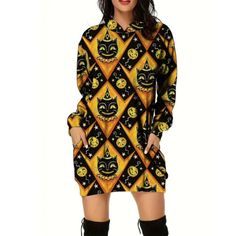 Premium Quality Womens Long Sleeve Halloween Scary Pumpkin Cat Allover Print Hooded Shirt Dress, Stunning Womens Dresses Party Wear For Women, Pumpkin Cat, Long Sleeve Fitted Dress, Scary Pumpkin, Halloween Scary, Cat Pumpkin, Red Cat, Hooded Dress, Long Sleeve Casual Dress