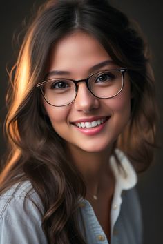 a woman wearing glasses and smiling at the camera