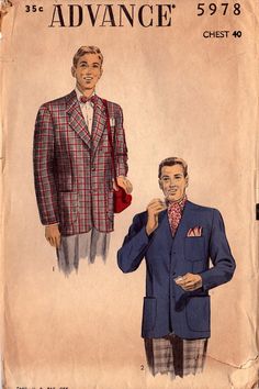 A5978; 1950's Men's Jackets, Original Advance 5978 Complete with all 17-pieces, instructions are brittle. Size: Size 40" chest. 1950s Menswear, Mens Sport Jacket, 70s Sewing, Mens Sports Jacket, Sport Jacket Men, Accessories Sewing