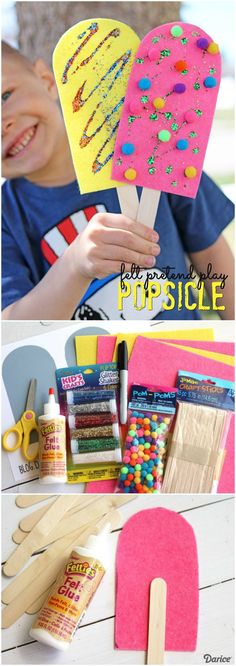 two pictures with popsicles and craft supplies on the top one has an ice cream cone