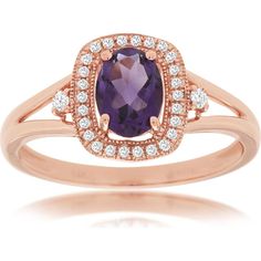 Royal 14K Rose Gold Ring with Oval Amethyst and Diamond Halo - 0.80 Carat Total Gem Weight Elegant Purple Rings With Halo Design, Elegant Oval Amethyst Ring In Rose Gold, Elegant Oval Rose Gold Amethyst Ring, Elegant Rose Gold Oval Amethyst Ring, Elegant Purple Oval Birthstone Ring, Rose Gold Oval Amethyst Ring With Center Stone, Elegant Rose Gold Amethyst Ring With Center Stone, Amethyst And Diamond Ring, Amethyst Color