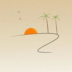 a drawing of two palm trees and an orange sun