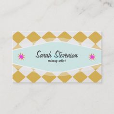 a business card for makeup artist with gold and blue checkered pattern on the front