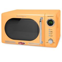 an orange microwave oven with the door open