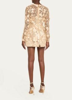 Bronx And Banco Bouquet Maraya Embroidered Illusion Mini Dress - Gold | Editorialist Gold Floral Embroidered Dress For Reception, Spring Reception Dress In Organza, Designer Fitted Reception Dress, Designer Fitted Dress For Reception, Silk Dress For Spring Reception, Glamorous Spring Dresses For Reception, Spring Silk Dress For Reception, Spring Reception Silk Dress, Glamorous Spring Reception Dresses