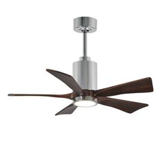 a ceiling fan with two wooden blades and a light on the bottom one is turned on