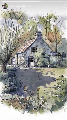 a watercolor painting of a house in the woods