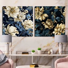 two floral paintings on the wall in a living room