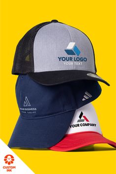 three hats are stacked on top of each other, with the company's logo